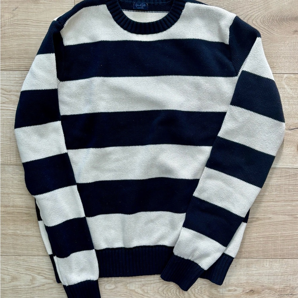Preppy Striped Navy White Chunky Cotton Sweater Fisherman Core Coastal Grandma